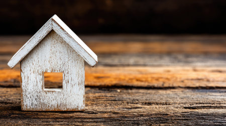 A small, white wooden house miniature rests on a textured wooden surface. The composition uses selective focus, highlighting the house against a blurred background. The warm tones and natural light suggest an indoor setting. Suitable for various conceptual and illustrative projects related to housing and real estate.の素材