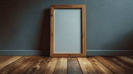 A wooden frame rests against a dark gray wall, positioned on a wooden floor. The composition highlights the empty frame, creating copy space. The lighting casts shadows across the planks, suggesting an interior setting suitable for commercial or editorial applications, offering a presentation of content.の素材