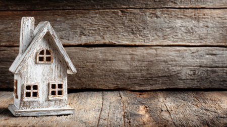 A small white wooden house miniature is placed against a weathered wooden background. The scene showcases natural wood grain and textures, with soft lighting enhancing the details. This composition suggests a cozy indoor environment, ideal for illustrating concepts related to home, real estate, and design.の素材