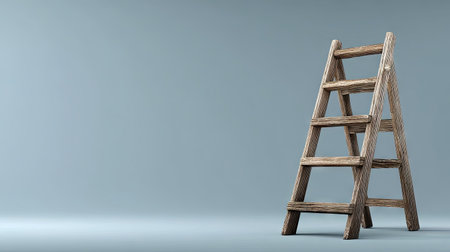 A wooden ladder stands prominently against a plain blue backdrop. The image displays a simple composition with a focus on the ladder's structure and the use of warm tones. This visual could be utilized for various commercial and editorial projects, conveying concepts of growth or progress.の素材