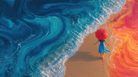 A woman stands on a sandy beach, holding a red umbrella as waves of blue and orange wash around her. The image features high contrast with vibrant colors and a surreal composition. The scene suggests a sunny day and could be used for advertising or artistic projects, conveying a sense of adventure.の素材