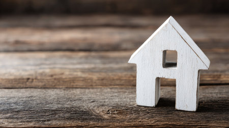 A small white wooden house model rests against a backdrop of a textured, aged wood surface. The model features a simple, clean design with a cutout window. The lighting appears soft and natural, emphasizing the wood's grain and tones. Suitable for various design and conceptual projects.の素材