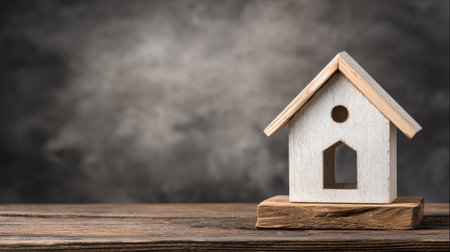 A miniature wooden house sits on a wooden surface, set against a dark, blurred backdrop. The model is painted white with a natural wood roof and base. The composition features soft lighting and copy space, suitable for a variety of conceptual projects and commercial applications.の素材