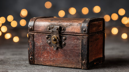 An aged wooden chest, featuring metallic hardware, sits centered. The warm brown tones of the chest contrast with a blurred background displaying soft, yellow bokeh lights. The image conveys a vintage aesthetic, suitable for projects highlighting history, discovery, or artistic themes. It could be used in design or editorial materials.の素材