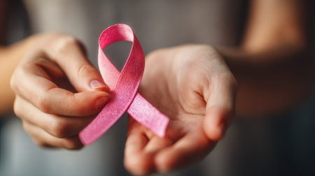 A close-up view depicts a woman holding a pink ribbon. The ribbon is the focal point, presented in a soft, diffused lighting. The image suggests a supportive concept. This photograph is appropriate for various commercial applications, including healthcare campaigns and editorial content.の素材