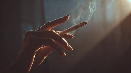 A woman's hand is featured, holding a lit cigarette with wisps of smoke rising. The composition uses dramatic lighting, with a contrasting play of light and shadow, highlighting the subject. The image suggests an indoor setting with a focus on detail and texture, suitable for various editorial and commercial applications.の素材