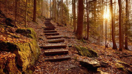 A wooden staircase ascends through a dense forest during daylight. The scene features trees with brown and green foliage, suggesting an autumnal environment. Warm sunlight streams through the trees, illuminating the path and creating a dynamic composition. This image could be used for various commercial or editorial purposes.の素材