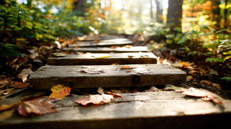 A wooden pathway leads through a forest scene, bathed in warm sunlight. The path is constructed of planks, strewn with fallen leaves. Surrounding trees create a textured background. This image could be used for various projects related to nature, travel, or seasonal themes. It is suitable for commercial and editorial use.の素材