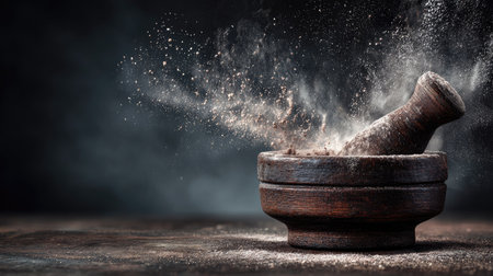 A wooden mortar and pestle is featured, with powder erupting from within against a dark backdrop. The composition is close-up, emphasizing texture and detail. Soft lighting highlights the rustic aesthetic. Suitable for culinary, medicinal, or conceptual projects, it suggests preparation and process.の素材