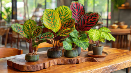 Variety of colorful caladium plants in pots on wooden table.の素材