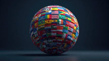 Colorful 3d rendering of a sphere with flags of the worldの素材