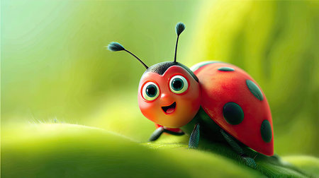 Cute ladybug on green leaf. 3d render illustration.の素材