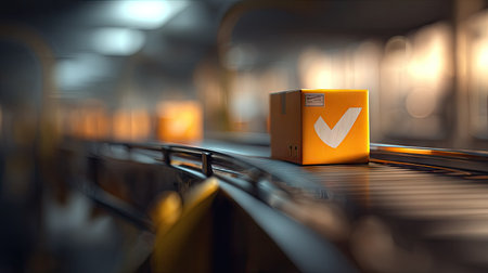 3d rendering of a box with a check mark on a conveyor beltの素材