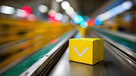 3d rendering of a box with a check mark on the conveyor beltの素材