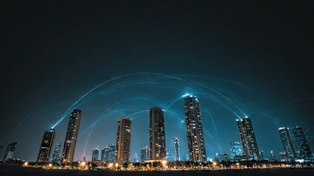 Modern skyscrapers and connection lines at night, Dubai, UAEの素材