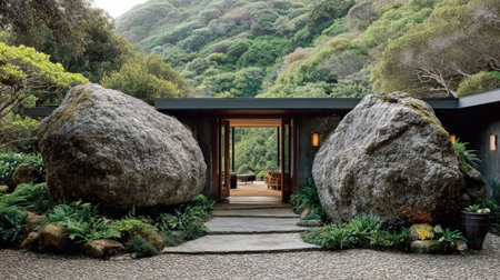 garden with big stone and wooden pavilion in Hong Kong.の素材