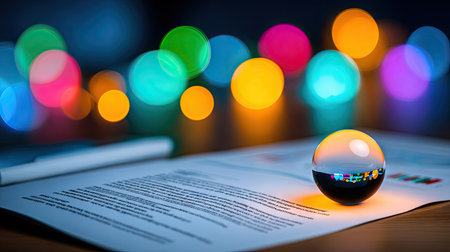 Crystal ball on a book with colorful bokeh lights background.の素材