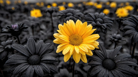 Close up of yellow daisy flower with water drops on petalsの素材