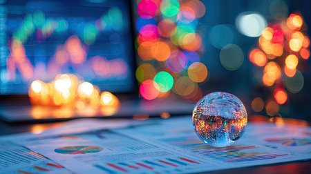 Globe on stock market chart with bokeh background. Business and finance concept.の素材