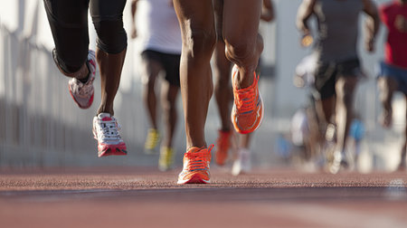 Marathon running race, people feet on athletic race track, shallow depth of fieldの素材