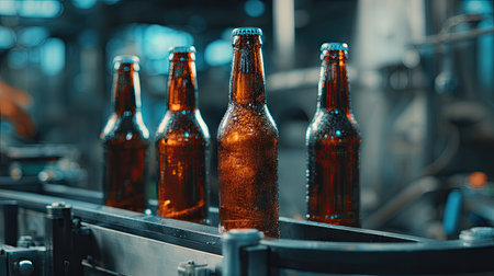 Bottles of beer on the conveyor belt in the factory.の素材