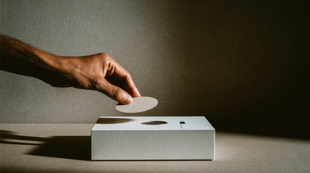 Hand of a man inserting a coin into a white box on a dark backgroundの素材