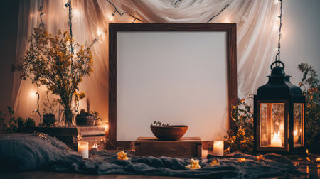 Blank picture frame on wooden table with lanterns, candles and plaidの素材