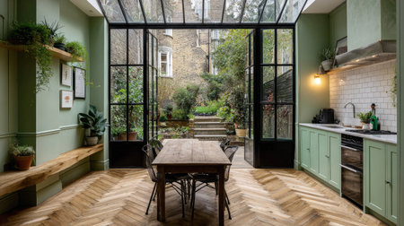 Luxury dining room with green walls and wooden floor. Nobody insideの素材