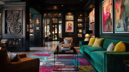 Luxury interior of a bar with green sofa and colorful paintingsの素材
