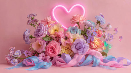 bouquet of colorful flowers on a pink background with neon heartの素材