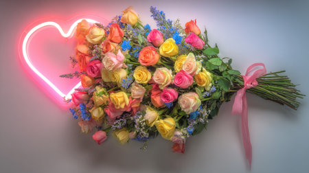 Bouquet of colorful flowers with heart shape on gray background.の素材