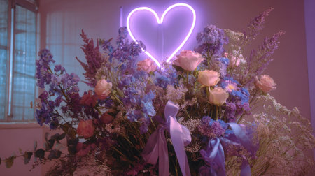 Flower bouquet with heart shaped neon sign. Valentine's day conceptの素材