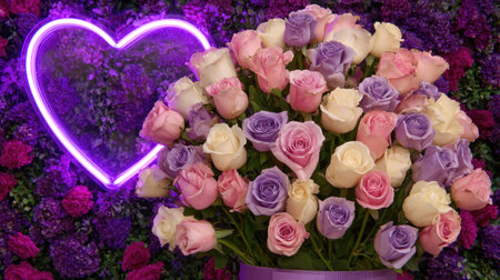 Bouquet of pink and white roses with heart shaped purple neon signの素材