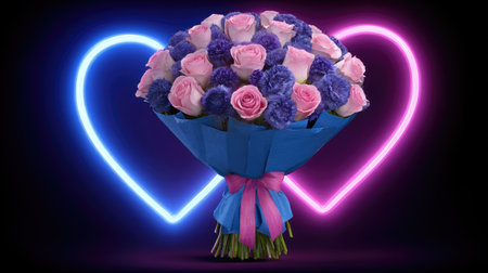 Bouquet of flowers in neon heart shape, 3d renderの素材