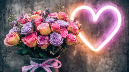 Bouquet of colorful roses with heart shape bokeh backgroundの素材