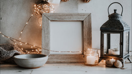 Christmas decoration with vintage lantern, candle and wooden frame on white wooden tableの素材