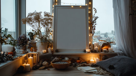 Blank picture frame mockup on the window with cozy decoration.の素材