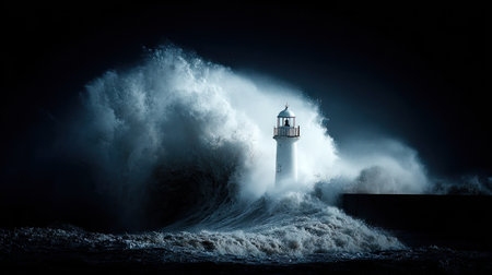 Big stormy wave crashing on the breakwater with lighthouse at nightの素材