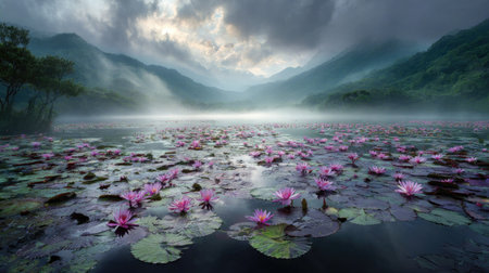 Beautiful pink lotus flower blooming on lake in morning.の素材