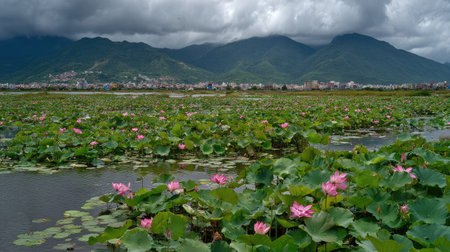 Lotus flower blooming in the lake with mountain and cloudy skyの素材