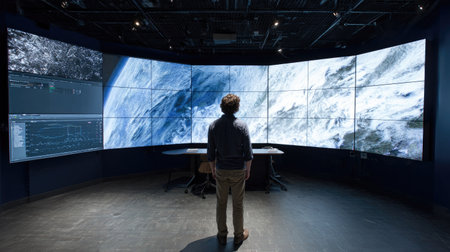 Man looking at the world map in front of a large screen.の素材