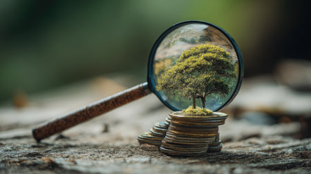 Tree growing on coins through a magnifying glass. Business and finance concept.の素材