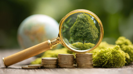 Magnifying glass and coins with tree and grass on wooden background.の素材