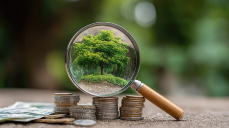 Investment concept, Coins with tree and magnifying glass over blurred backgroundの素材