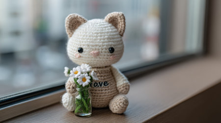 Cute handmade toy bear sitting on the window sill with a bouquet of daisiesの素材