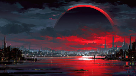 Night cityscape with red moon and reflection in water. Vector illustrationの素材