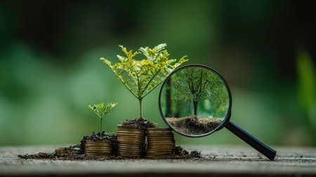 Tree growing on coins with magnifying glass, business and financial conceptの素材