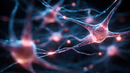 An artistic representation showcases neurons connected in a network. The image presents a close-up view with a shallow depth of field, highlighting the cells' intricate structures. The overall tone is cool with vibrant highlights. Suitable for scientific publications, educational materials, and conceptual illustrations.の素材