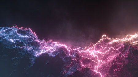An artistic representation features undulating energy waves in shades of pink and blue. The composition showcases dynamic movement and flowing forms. The lighting highlights the textures creating a dramatic effect. Suitable for visual concepts related to technology, energy, and design applications.の素材