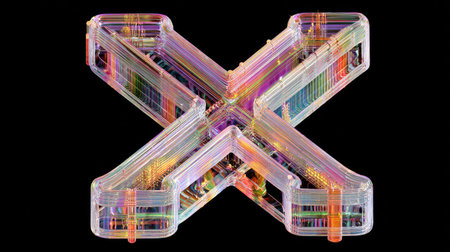 An abstract X-shaped design displays intricate patterns of lines and vibrant colors. The composition features a mix of transparent and solid elements, with a focus on geometric forms. The artwork is set against a stark black backdrop, highlighting its visual complexity and suitable for various creative applications.の素材
